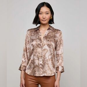 L’Agence Dani 3/4 Silk Blouse- in Toasted Almond Lace Print